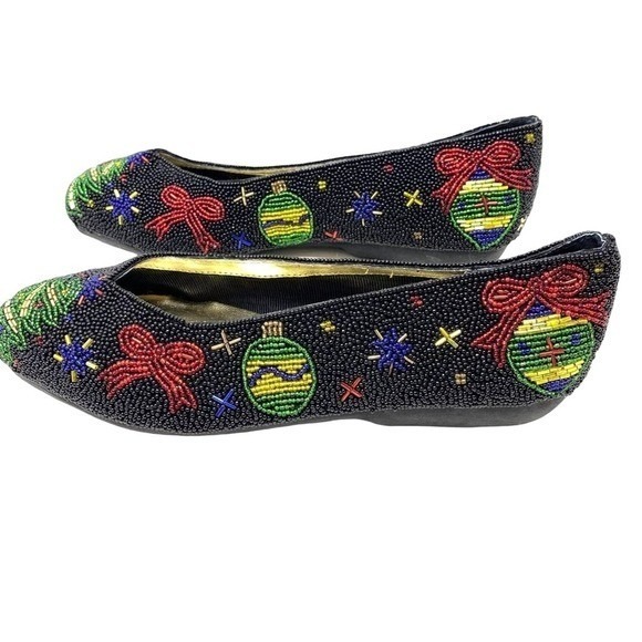 Vintage Shoes - Colorwerks Women Vtg Holiday Christmas Beaded Flats Ornaments Tree Bow  7.5M